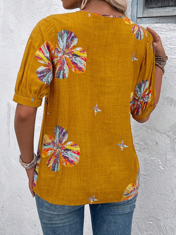 EMERY ROSE Women V-Neck Random Printed Summer Blouse