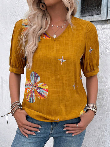 EMERY ROSE Women V-Neck Random Printed Summer Blouse