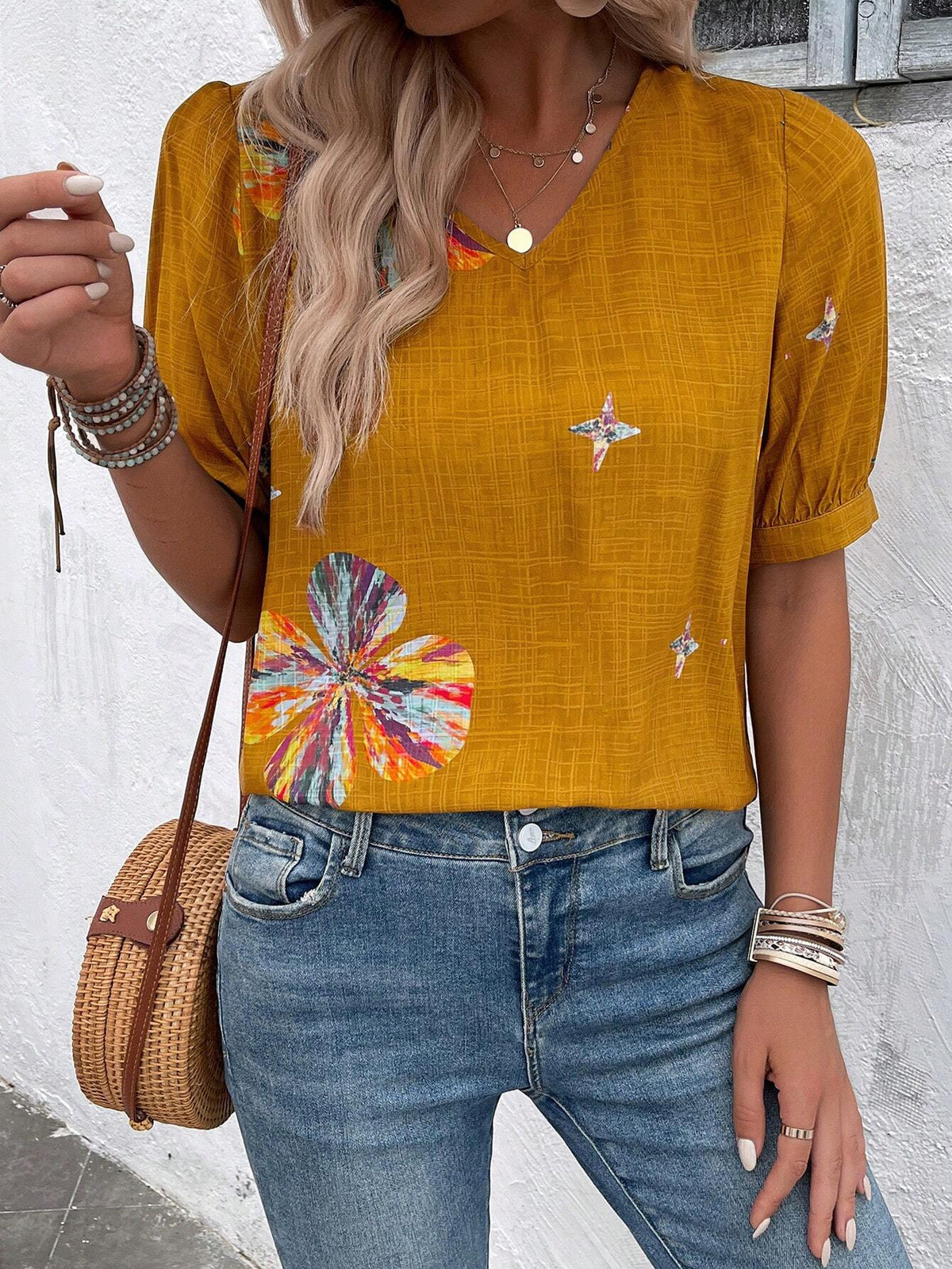 EMERY ROSE Women V-Neck Random Printed Summer Blouse