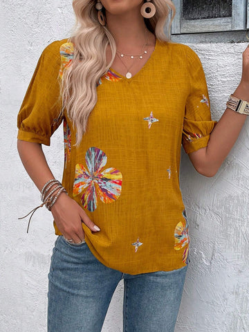 EMERY ROSE Women V-Neck Random Printed Summer Blouse