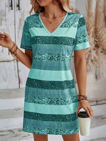 EMERY ROSE Women V-Neck Short Sleeve Striped Minimalist Short Casual Dress For Daily Wear