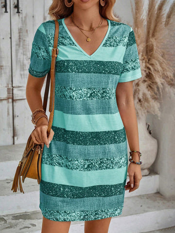 EMERY ROSE Women V-Neck Short Sleeve Striped Minimalist Short Casual Dress For Daily Wear
