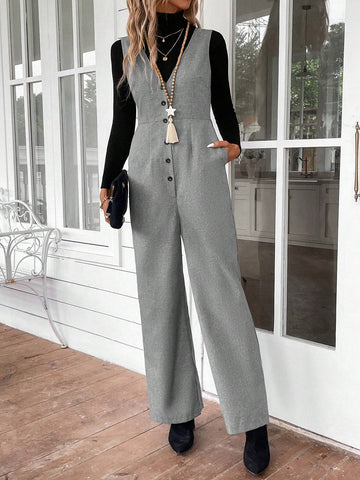 EMERY ROSE Women V-Neck Sleeveless Front Buttoned Pockets Simple Casual Jumpsuit