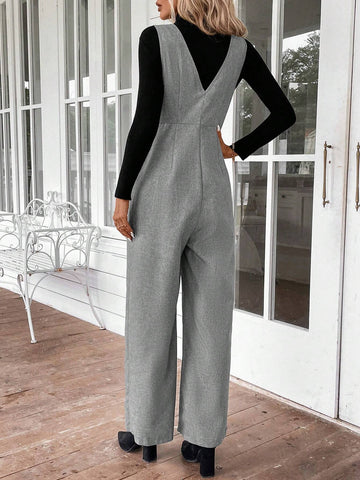 EMERY ROSE Women V-Neck Sleeveless Front Buttoned Pockets Simple Casual Jumpsuit