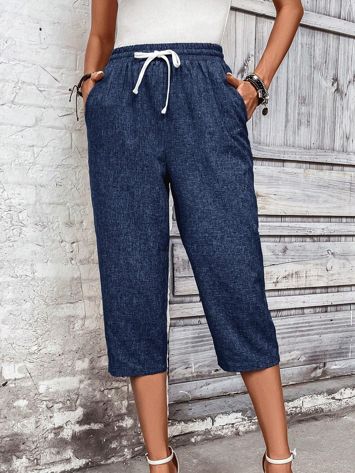 EMERY ROSE Women Vacation And Leisure Drawstring Waist Tapered Seven-Quarter Pants