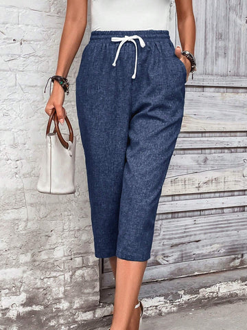 EMERY ROSE Women Vacation And Leisure Drawstring Waist Tapered Seven-Quarter Pants