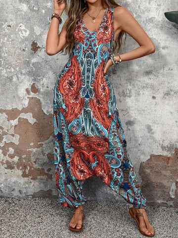 EMERY ROSE Women Vintage Printed Casual Jumpsuit, Summer