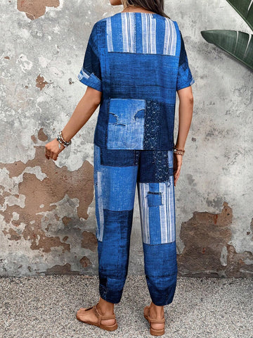 EMERY ROSE Women Vintage Printed Shirt And Pants Casual Outfit, 2pcs/Set, Summer