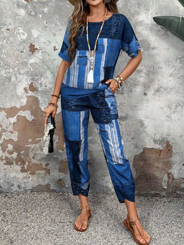 EMERY ROSE Women Vintage Printed Shirt And Pants Casual Outfit, 2pcs/Set, Summer