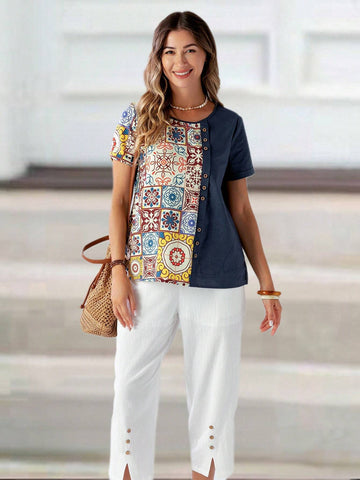 EMERY ROSE Women Vintage Style Patchwork Round Neck Short Sleeve Shirt