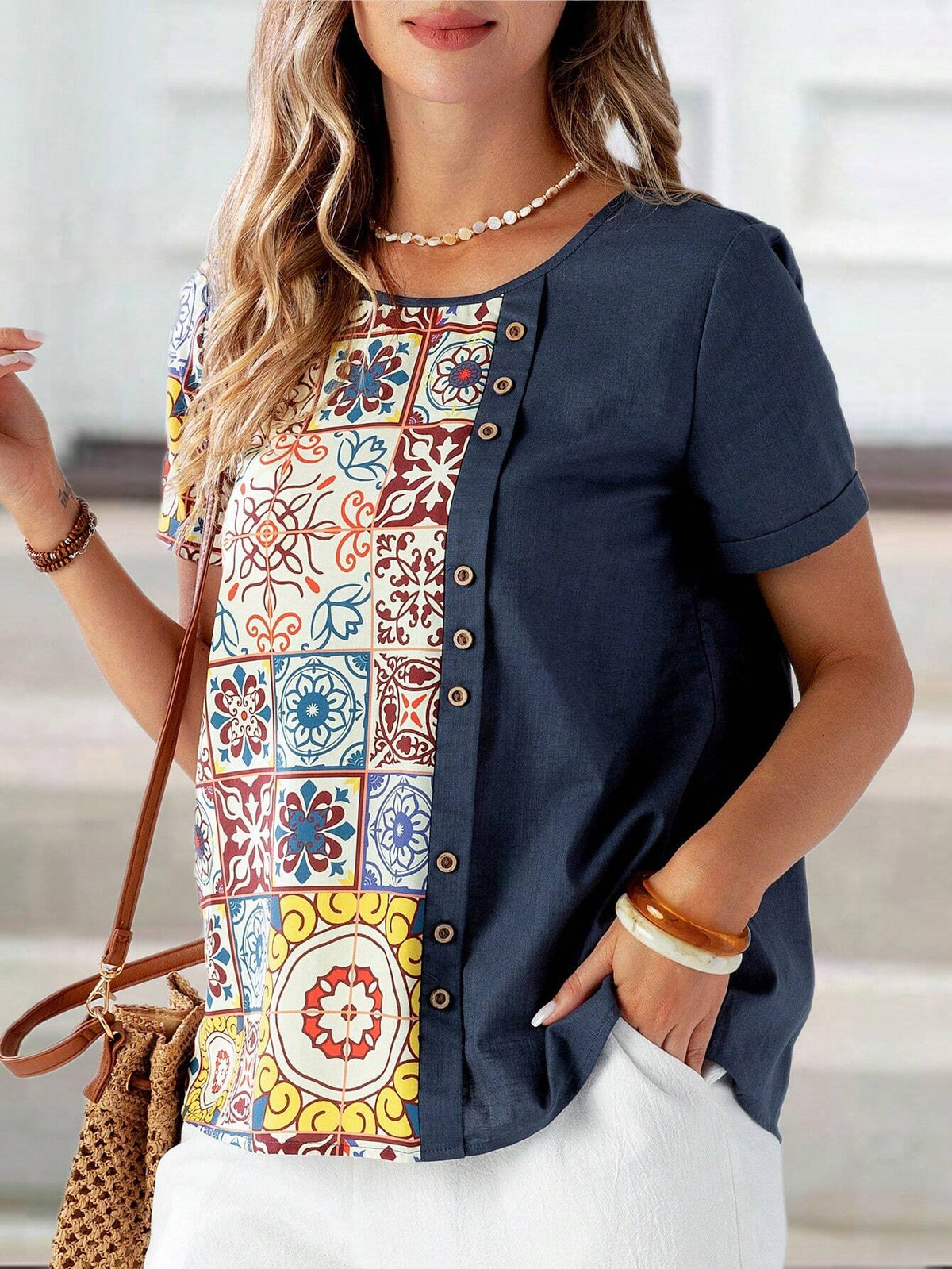 EMERY ROSE Women Vintage Style Patchwork Round Neck Short Sleeve Shirt