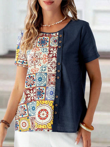 EMERY ROSE Women Vintage Style Patchwork Round Neck Short Sleeve Shirt