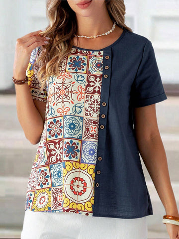 EMERY ROSE Women Vintage Style Patchwork Round Neck Short Sleeve Shirt