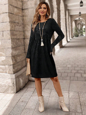 EMERY ROSE Women'sSolid Color Round Neck Long Sleeve Casual Short Dress, Autumn