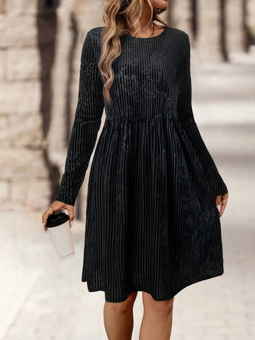 EMERY ROSE Women'sSolid Color Round Neck Long Sleeve Casual Short Dress, Autumn