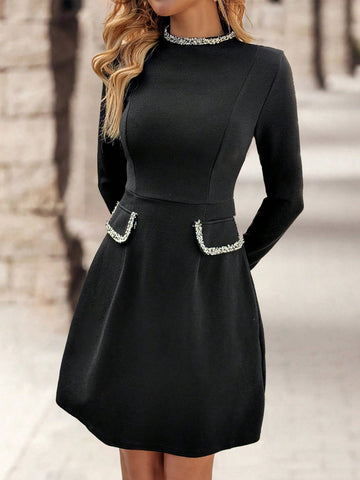 EMERY ROSE Women's A-Line Button Decor Square Neck Short Sleeve Work Dress