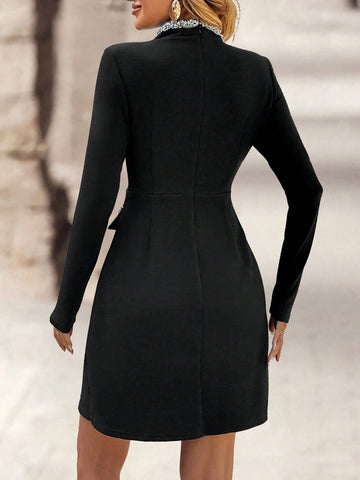 EMERY ROSE Women's A-Line Button Decor Square Neck Short Sleeve Work Dress