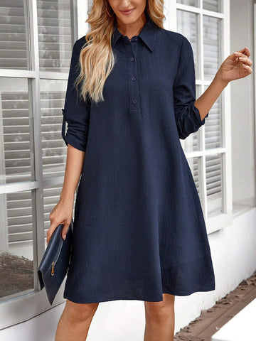 EMERY ROSE Women's Autumn/Winter Elegant Shirt Dress With Rollup Sleeves