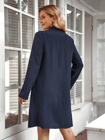 EMERY ROSE Women's Autumn/Winter Elegant Shirt Dress With Rollup Sleeves