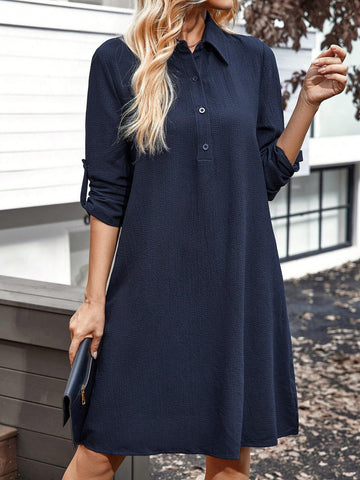 EMERY ROSE Women's Autumn/Winter Elegant Shirt Dress With Rollup Sleeves