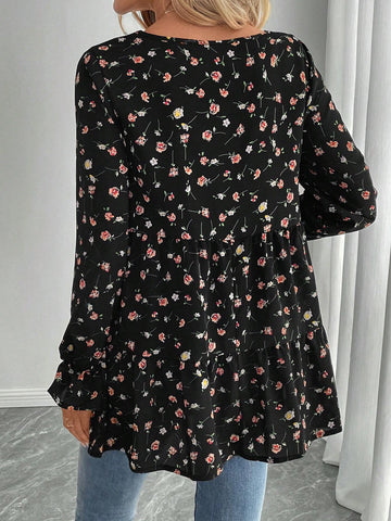 EMERY ROSE Women's Autumn Allover Floral Print Loose Casual Round Neck Long Sleeve Blouse