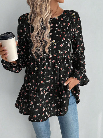 EMERY ROSE Women's Autumn Allover Floral Print Loose Casual Round Neck Long Sleeve Blouse