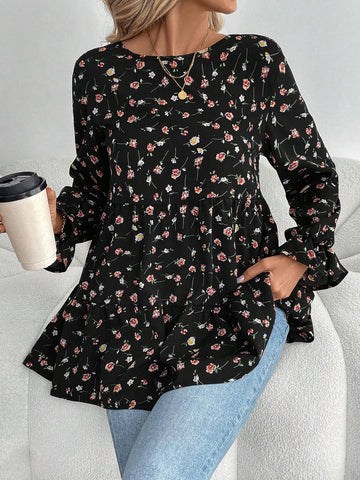 EMERY ROSE Women's Autumn Allover Floral Print Loose Casual Round Neck Long Sleeve Blouse
