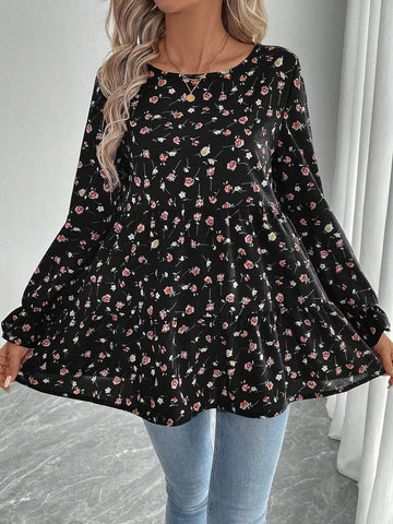 EMERY ROSE Women's Autumn Allover Floral Print Loose Casual Round Neck Long Sleeve Blouse