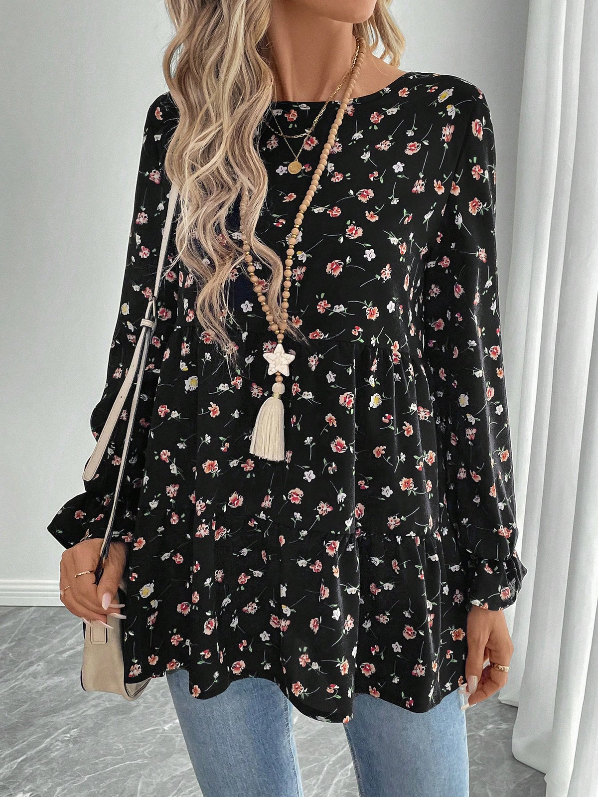 EMERY ROSE Women's Autumn Allover Floral Print Loose Casual Round Neck Long Sleeve Blouse
