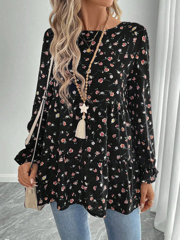 EMERY ROSE Women's Autumn Allover Floral Print Loose Casual Round Neck Long Sleeve Blouse