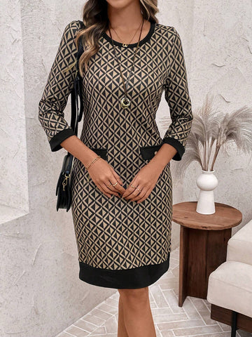 EMERY ROSE Women's Autumn Casual Geometric Print Fitted Mini Dress