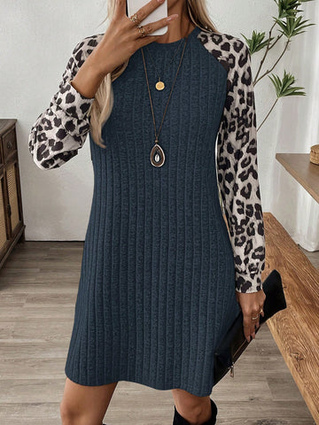 EMERY ROSE Women's Autumn Leopard Print Patchwork Raglan Sleeve Short Casual Dress