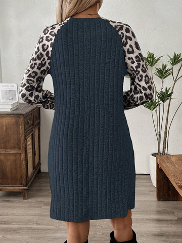EMERY ROSE Women's Autumn Leopard Print Patchwork Raglan Sleeve Short Casual Dress