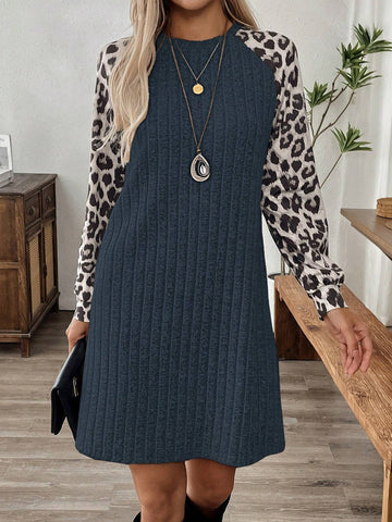 EMERY ROSE Women's Autumn Leopard Print Patchwork Raglan Sleeve Short Casual Dress