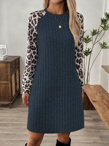 EMERY ROSE Women's Autumn Leopard Print Patchwork Raglan Sleeve Short Casual Dress
