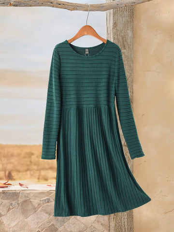 EMERY ROSE Women's Autumn Solid Color Round Neck Long Sleeve Ribbed Midi Casual Dress