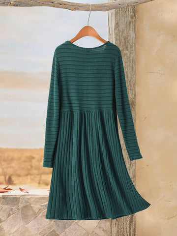 EMERY ROSE Women's Autumn Solid Color Round Neck Long Sleeve Ribbed Midi Casual Dress