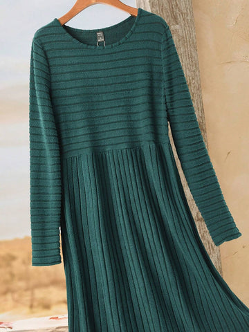 EMERY ROSE Women's Autumn Solid Color Round Neck Long Sleeve Ribbed Midi Casual Dress