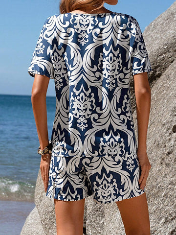 EMERY ROSE Women's Batwing Sleeve Shirt And Shorts Printed Casual Set Summer Short Women Sets Two Piece Short Set