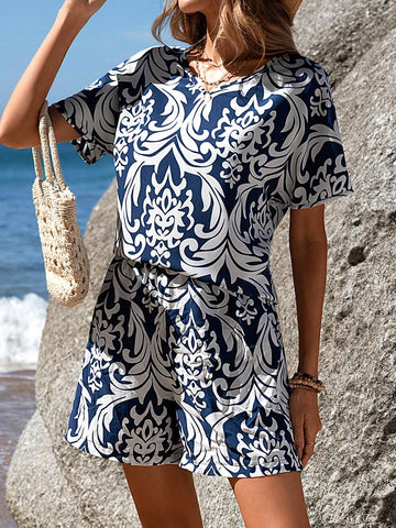 EMERY ROSE Women's Batwing Sleeve Shirt And Shorts Printed Casual Set Summer Short Women Sets Two Piece Short Set