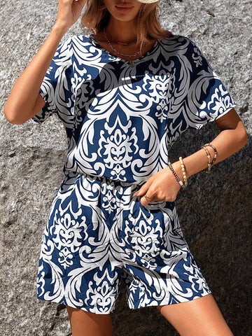 EMERY ROSE Women's Batwing Sleeve Shirt And Shorts Printed Casual Set Summer Short Women Sets Two Piece Short Set