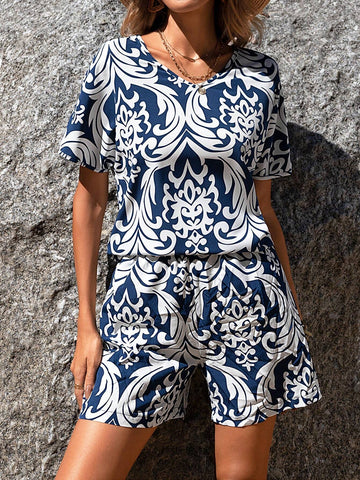 EMERY ROSE Women's Batwing Sleeve Shirt And Shorts Printed Casual Set Summer Short Women Sets Two Piece Short Set