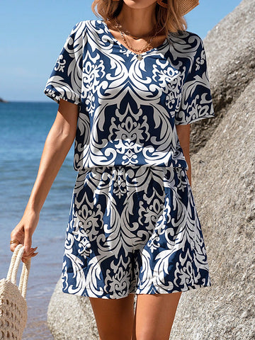 EMERY ROSE Women's Batwing Sleeve Shirt And Shorts Printed Casual Set Summer Short Women Sets Two Piece Short Set