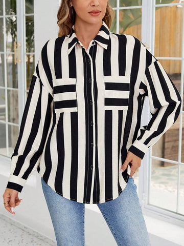 EMERY ROSE Women's Button-Up Long Sleeve Allover Print Fashion Charm Blouse