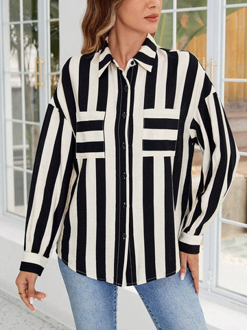 EMERY ROSE Women's Button-Up Long Sleeve Allover Print Fashion Charm Blouse