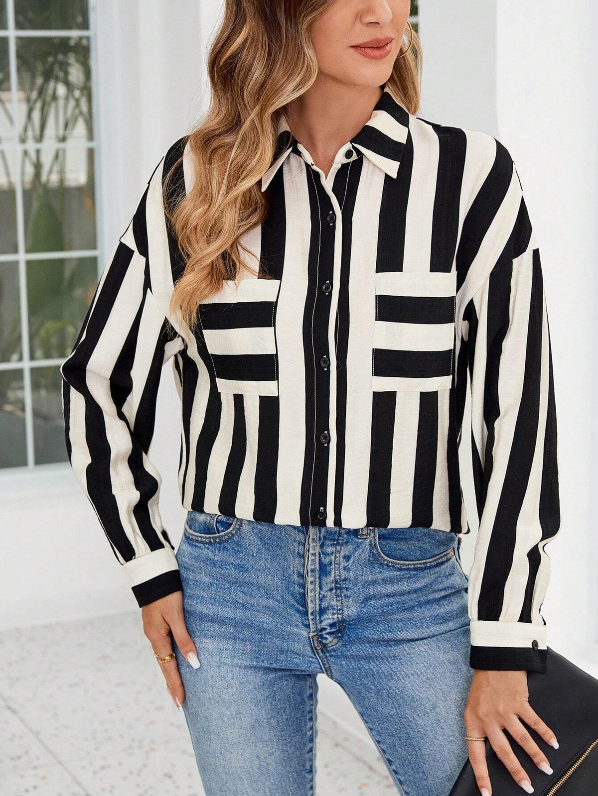 EMERY ROSE Women's Button-Up Long Sleeve Allover Print Fashion Charm Blouse