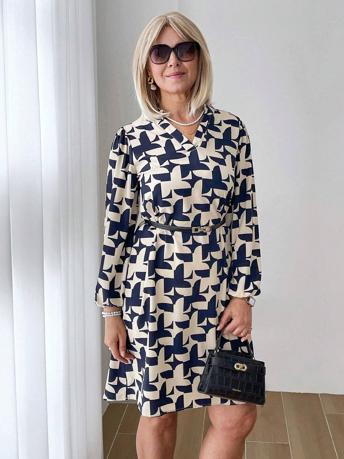 EMERY ROSE Women's Casual All-Over Print Slash Neck Short Dress, Autumn