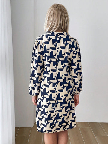 EMERY ROSE Women's Casual All-Over Print Slash Neck Short Dress, Autumn