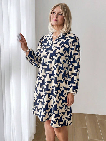 EMERY ROSE Women's Casual All-Over Print Slash Neck Short Dress, Autumn