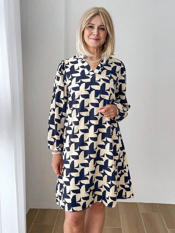 EMERY ROSE Women's Casual All-Over Print Slash Neck Short Dress, Autumn